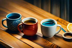 drei Tassen von Kaffee sitzen auf ein hölzern Tisch. KI-generiert foto