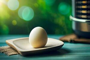 ein Ei auf ein hölzern Teller Nächster zu ein elektrisch Wasserkocher. KI-generiert foto