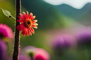 ein Single rot Blume ist Stehen auf ein Ast. KI-generiert foto