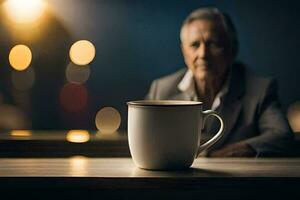 ein älter Mann Sitzung beim ein Tabelle mit ein Kaffee Tasse. KI-generiert foto