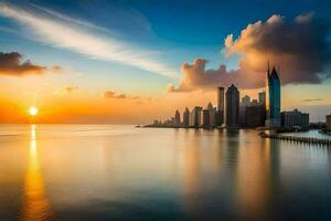 das Sonne steigt an Über das Stadt Horizont im Dubai. KI-generiert foto