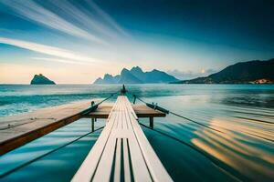 ein Seebrücke im das Ozean mit Berge im das Hintergrund. KI-generiert foto