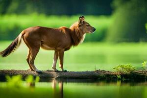 ein Löwe Stehen auf ein Log durch ein See. KI-generiert foto