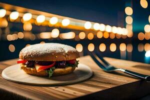 ein Hamburger auf ein hölzern Tafel mit ein Messer und Gabel. KI-generiert foto