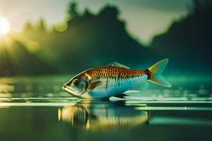 ein Fisch ist Schwimmen im das Wasser beim Sonnenuntergang. KI-generiert foto