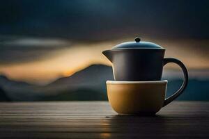 ein Kaffee Topf und ein Tasse auf ein Tabelle mit Berge im das Hintergrund. KI-generiert foto