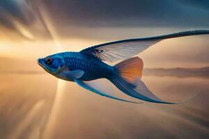 ein Blau Fisch fliegt Über das Wasser beim Sonnenuntergang. KI-generiert foto