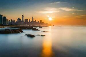 das Sonne steigt an Über das Stadt Horizont im Dubai. KI-generiert foto