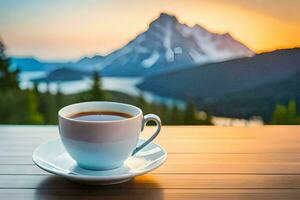 ein Tasse von Kaffee auf ein Tabelle im Vorderseite von ein Berg Sicht. KI-generiert foto