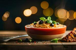 ein Schüssel von Pasta mit ein Scheibe von Fleisch und ein Löffel. KI-generiert foto