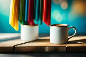 zwei Kaffee Tassen sitzen auf ein hölzern Tabelle mit bunt Stöcke. KI-generiert foto