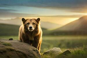 ein Bär Stehen auf ein Felsen im das Mitte von ein Feld. KI-generiert foto