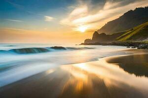 ein Strand beim Sonnenuntergang mit Wellen abstürzen in das Ufer. KI-generiert foto