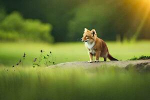 ein Fuchs Stehen auf ein Felsen im ein Feld. KI-generiert foto