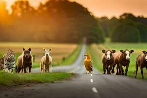 ein Gruppe von Tiere Gehen Nieder ein Straße. KI-generiert foto