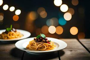 Spaghetti mit Tomate Soße und Basilikum auf ein hölzern Tisch. KI-generiert foto