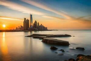 das Sonne setzt Über das Stadt Horizont im abu dhabi. KI-generiert foto