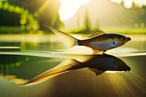 ein Fisch ist schwebend im das Wasser mit das Sonne leuchtenden. KI-generiert foto