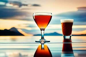 zwei Brille von Bier auf ein Tabelle mit ein See im das Hintergrund. KI-generiert foto
