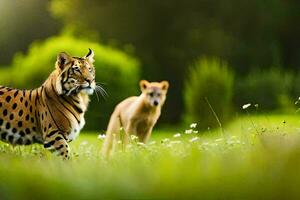 zwei Tiger Gehen im das Gras. KI-generiert foto