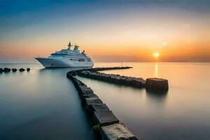 ein Kreuzfahrt Schiff im das Ozean beim Sonnenuntergang. KI-generiert foto