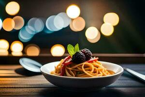 ein Teller von Pasta mit Beeren und ein Gabel auf ein hölzern Tisch. KI-generiert foto