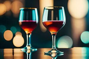 zwei Brille von Wein auf ein Tisch. KI-generiert foto