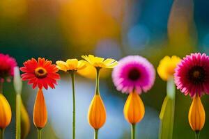 bunt Blumen im ein Reihe mit ein hell Sonne. KI-generiert foto