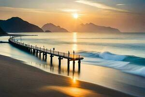 ein Seebrücke auf das Strand beim Sonnenuntergang. KI-generiert foto