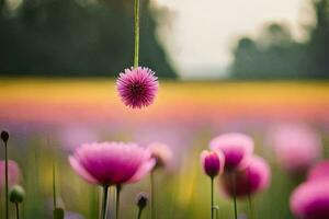 ein Rosa Blume ist hängend von ein Ranke im ein Feld. KI-generiert foto