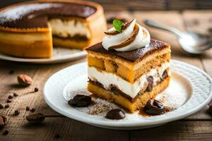 ein Scheibe von Kuchen mit ausgepeitscht Sahne und Schokolade Chips. KI-generiert foto