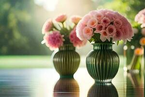 Rosa Blumen im Grün Vasen auf ein Tisch. KI-generiert foto