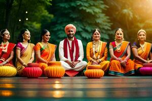 indisch Hochzeit Zeremonie mit Frauen im traditionell Kleidung. KI-generiert foto