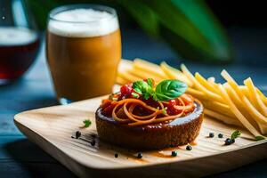 das Essen ist serviert auf ein hölzern Teller mit ein Glas von Bier. KI-generiert foto