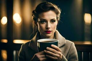 ein Frau im ein Mantel halten ein Tasse von Kaffee. KI-generiert foto