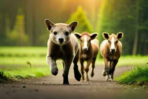 drei Baby Hirsch Laufen auf ein Straße im das Wald. KI-generiert foto