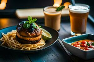 ein Teller mit Spaghetti, ein trinken und ein Tasse von Kaffee. KI-generiert foto