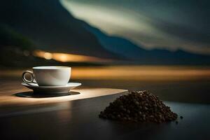 Kaffee, das Berge, das Meer, das Himmel, das Licht, das Kaffee, Die. KI-generiert foto