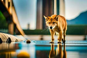 ein Hund Gehen auf ein Brücke mit ein Stadt im das Hintergrund. KI-generiert foto