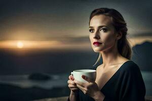 ein Frau halten ein Tasse von Kaffee im Vorderseite von das Sonnenuntergang. KI-generiert foto
