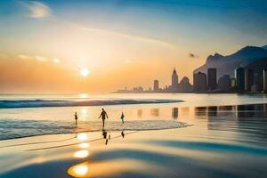 Menschen Gehen auf das Strand beim Sonnenuntergang mit das Stadt Horizont im das Hintergrund. KI-generiert foto