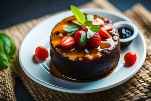 das Schokolade Kuchen mit Erdbeeren und Schokolade Soße ist serviert auf ein Weiß Platte. KI-generiert foto