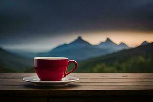 ein Tasse von Kaffee auf ein hölzern Tabelle im Vorderseite von ein Berg Sicht. KI-generiert foto