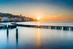 das Sonne steigt an Über das Wasser und Seebrücke im ein Stadt. KI-generiert foto