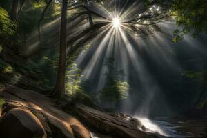 szenisch Landschaft Strahlen von Licht im das Wald erstellt mit generativ ai Technologie foto