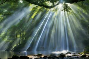 szenisch Landschaft Strahlen von Licht im das Wald erstellt mit generativ ai Technologie foto