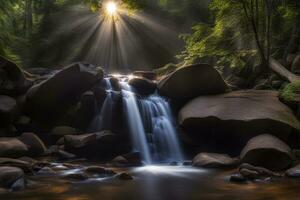 szenisch Landschaft Strahlen von Licht auf Wasserfall erstellt mit generativ ai Technologie foto