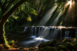 szenisch Landschaft Strahlen von Licht auf Wasserfall erstellt mit generativ ai Technologie foto