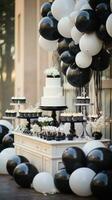 elegant schwarz und Weiß Affäre mit Luftballons und Dessert Tabelle foto