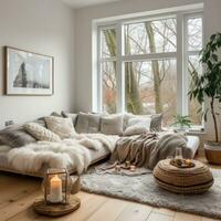 skandinavisch inspiriert Leben Zimmer mit minimalistisch Baum und gemütlich Decken foto